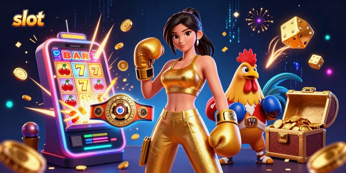 Experience thrilling slot gameplay with a powerful woman and a championship rooster amidst vibrant casino elements.
