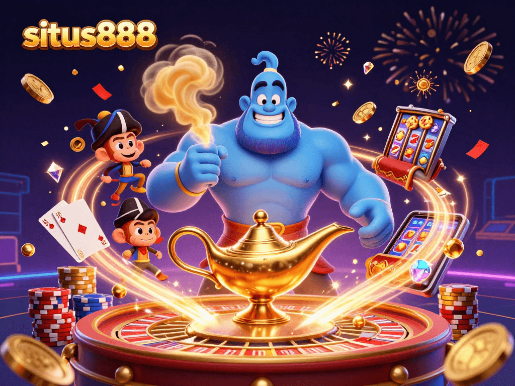 Sparkling scene with situs888 logo showcasing a blue genie, a monkey, and casino elements in a magical celebration.