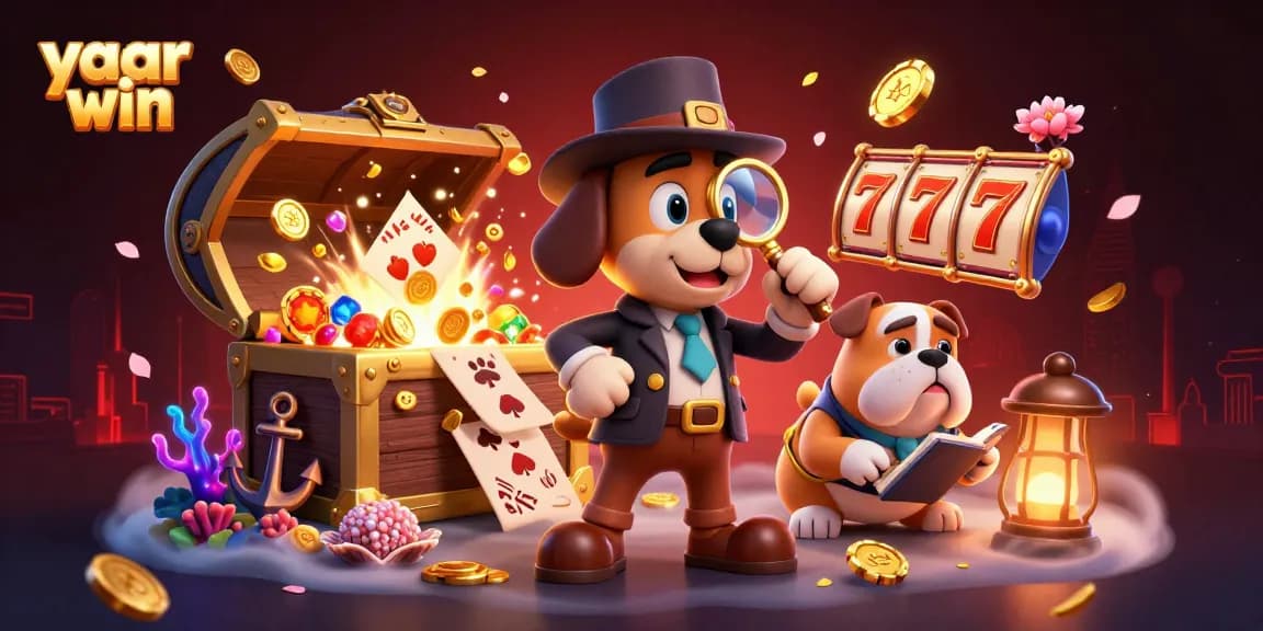 Engage in thrilling gameplay with yaar win, featuring a detective scene packed with slot machines and treasures.