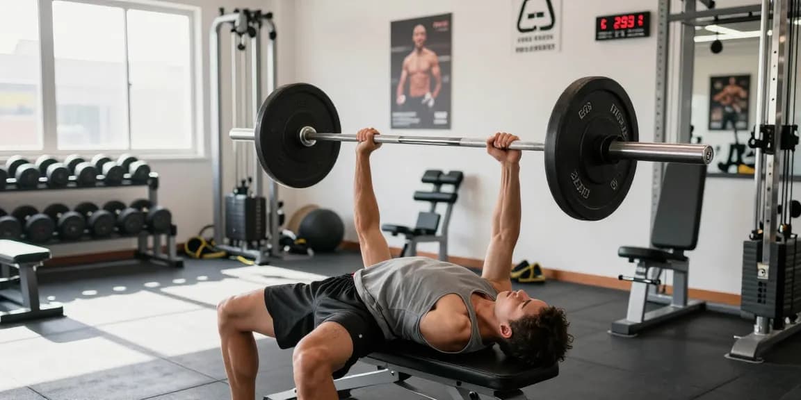 Driada Shop: Individual performing bench press in a modern gym environment, showcasing focus and strength.