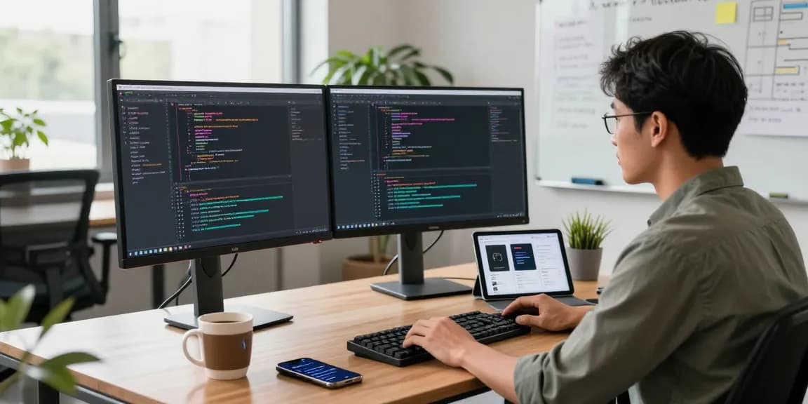 Developer coding at a modern workspace with dual monitors while focusing on 纸飞机中文版 communications.