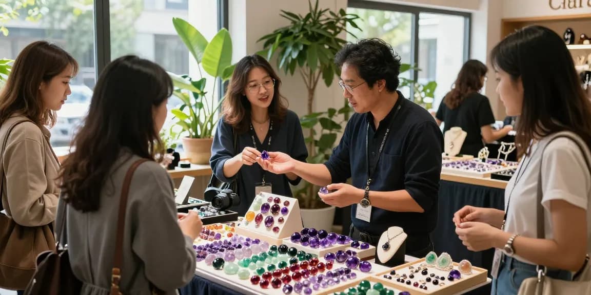 Shoppers exploring colorful gemstones at My Gem Spot marketplace, showcasing vibrant gems and interactive vendor displays.