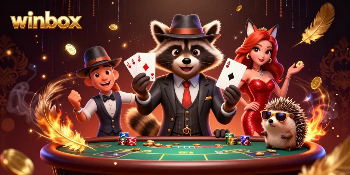 winbox features a dynamic casino scene with a raccoon, fox, and hedgehog in action.