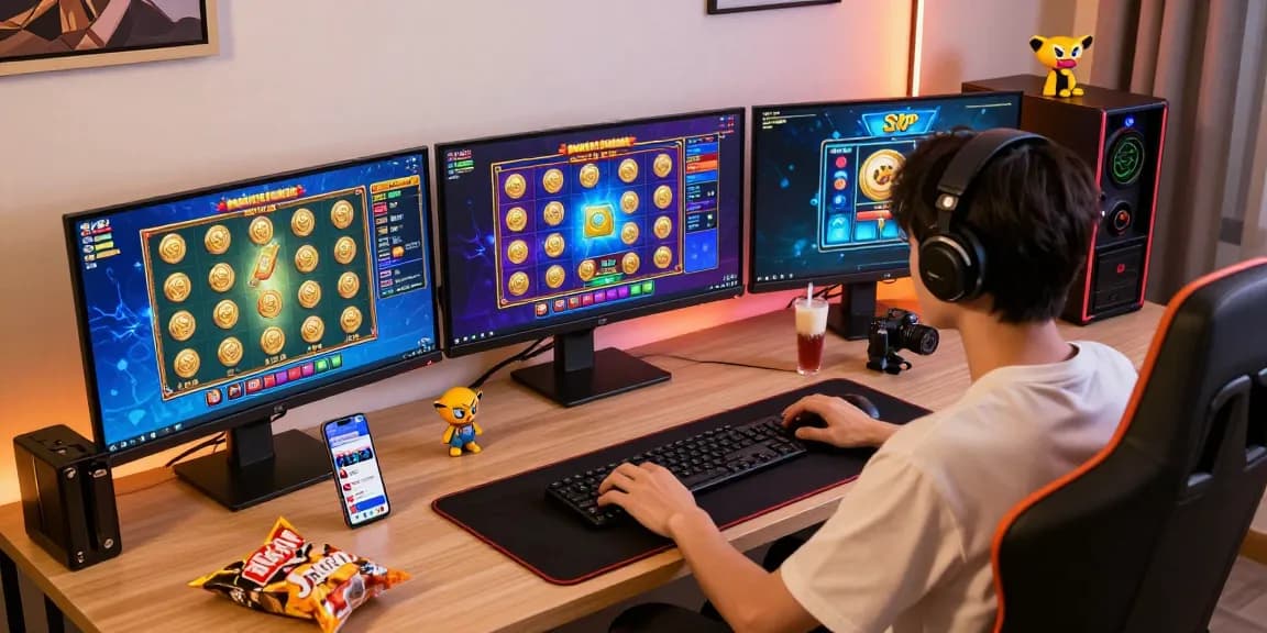 Engaged player in a modern online gaming setup enjoying bonus cashback slot rewards.