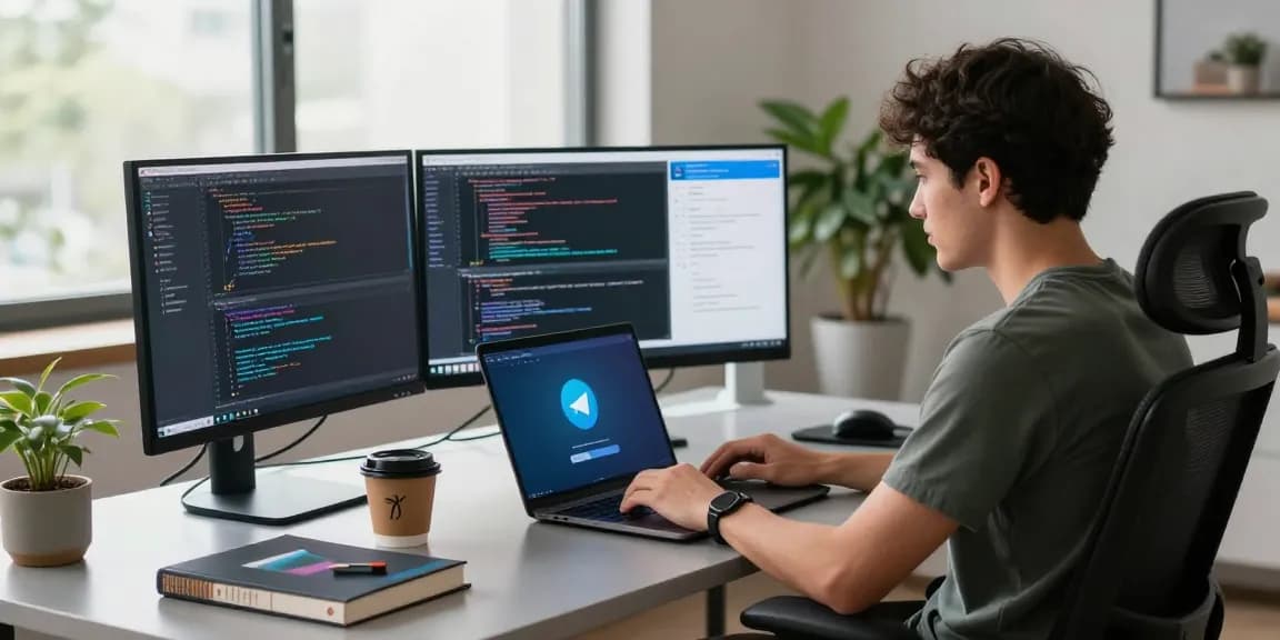 Explore 纸飞机中文版 on a bright tech workspace with a developer coding on dual monitors.