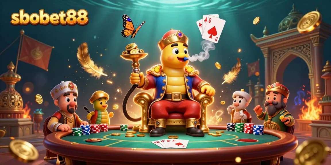 Experience sbobet88 with an energetic scene showcasing poker elements, vibrant colors, and detailed characters.