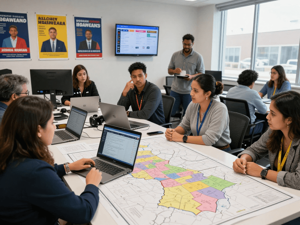 Political campaign team collaborating on candidate reputation management with voter data analysis.