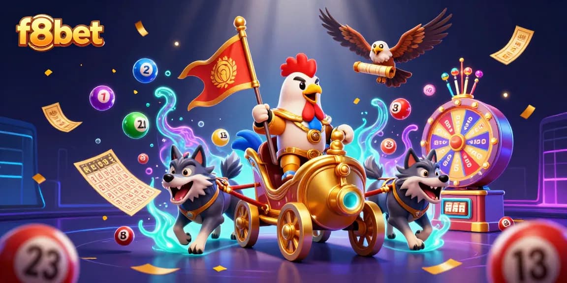 Engage in thrilling lottery activities at F8BET, featuring colorful bouncing lottery balls and dynamic prize elements.