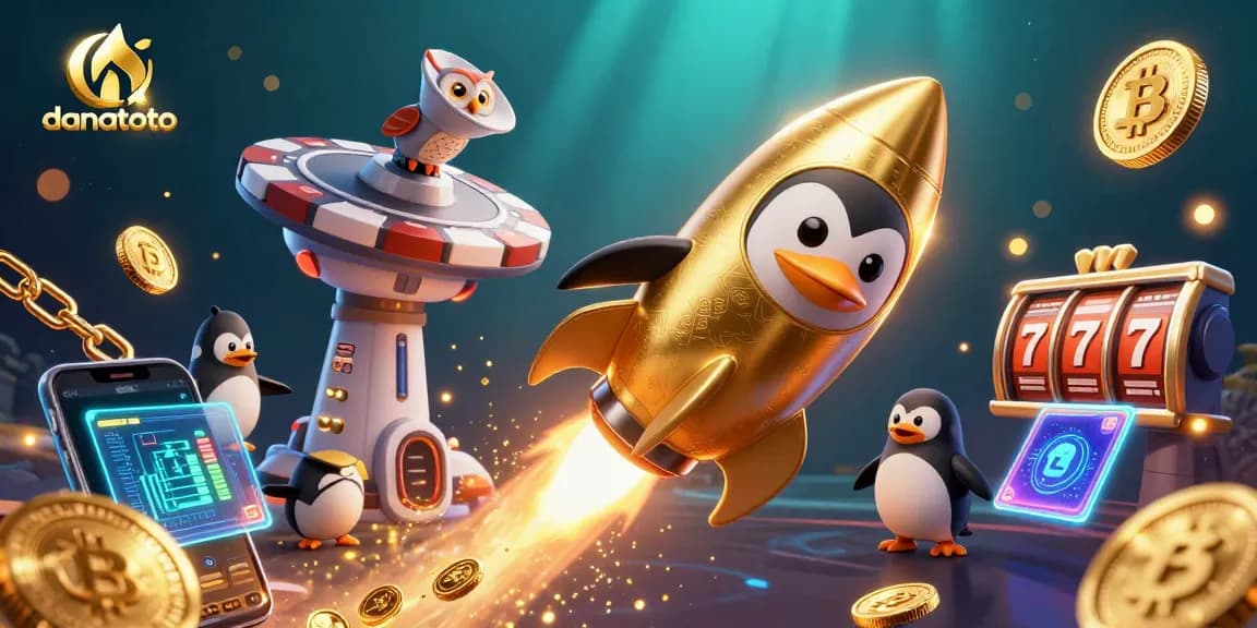 Experience thrilling gaming action with danatoto as a golden penguin navigates a cosmic casino adventure.