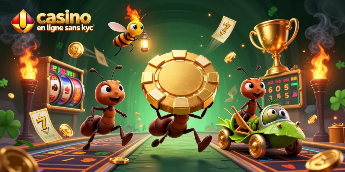 Jouer à casino en ligne sans kyc avec des fourmis volantes et des jetons dorés dans une scène dynamique.
