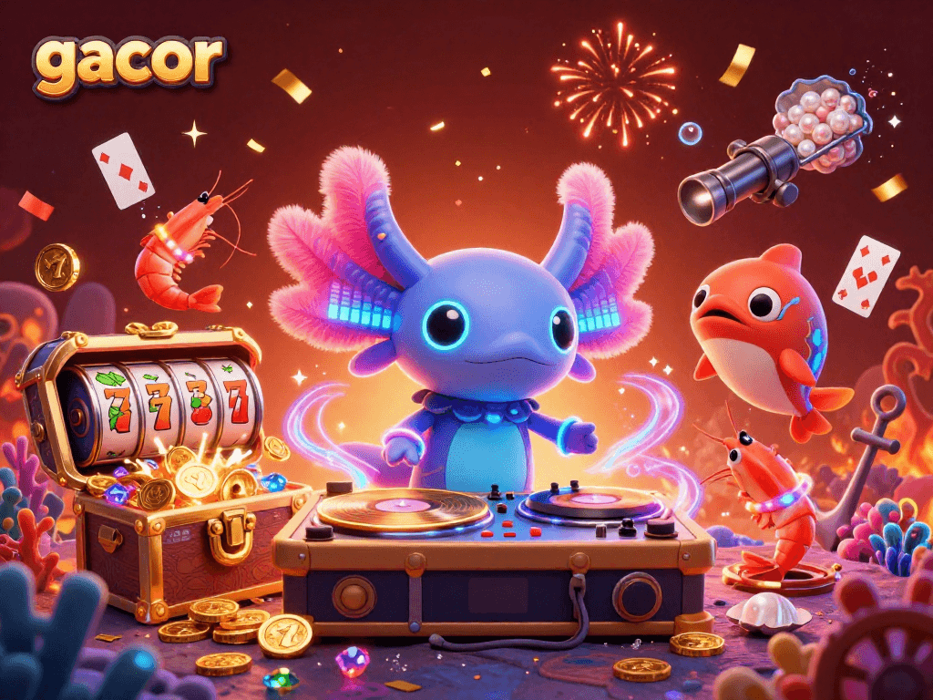 Berpartisipasi dalam permainan gacor dengan kartun neon axolotl DJ dan harta karun bawah laut.