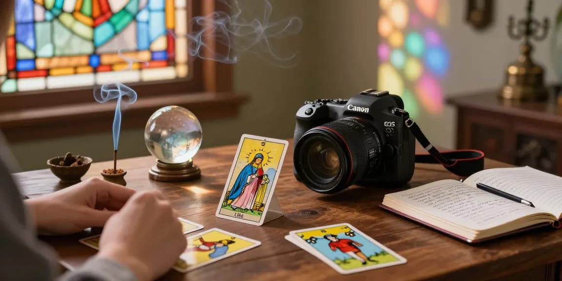 Meneliti nomor rejeki dengan kartu tarot dan suasana mistis di ruangan yang terang.
