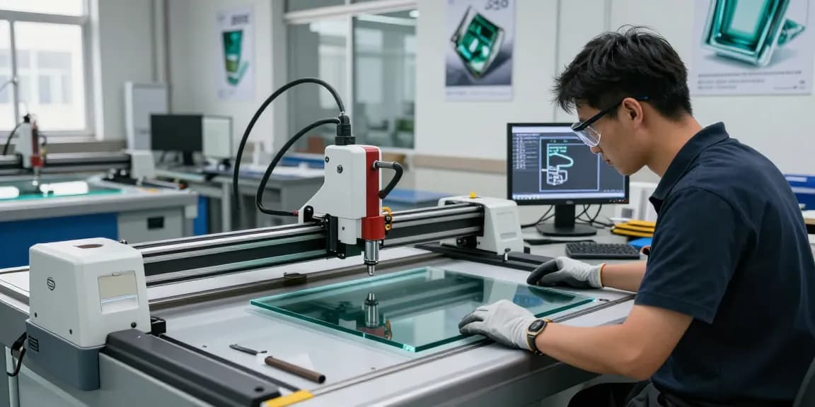 Technician using a glass cutting table in a modern workshop with advanced cutting technology.