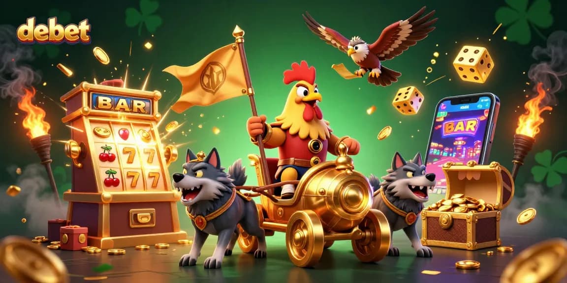 Experience debet excitement with a dynamic 3D casino illustration featuring a rooster warlord and jackpot elements.