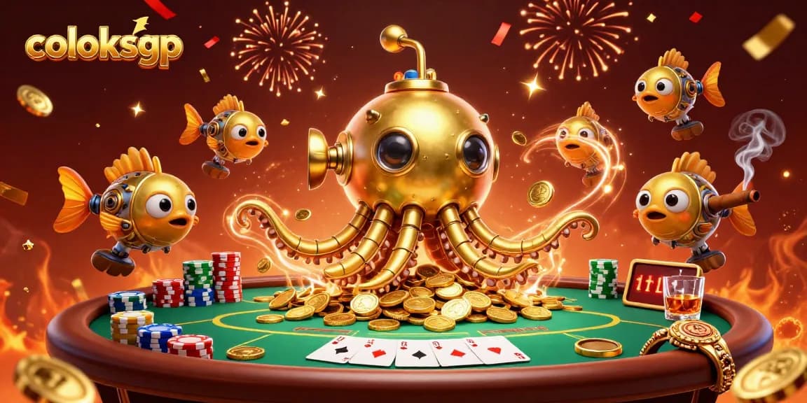Engage with coloksgp as the golden kraken submarine dives into a sea of coins, surrounded by poker elements and festivities
