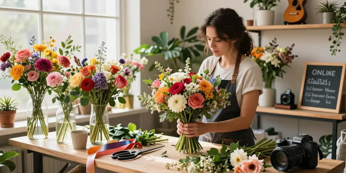 Florist creating a beautiful bouquet in a bright studio, showcasing MODALWD flowers and floral arrangement supplies with natural light.