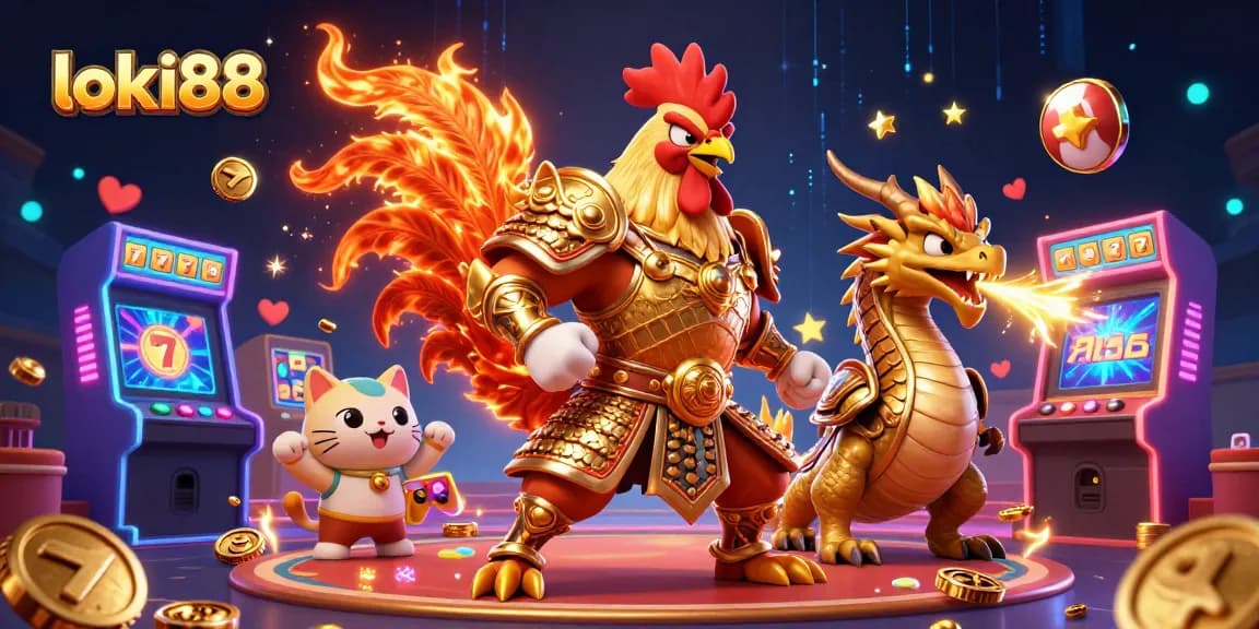 Join the exciting loki88 experience with a powerful rooster and dragon in a dynamic casino scene.
