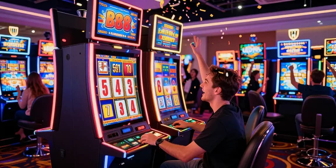Player enjoying a big win on slot88 machine in a vibrant casino atmosphere.