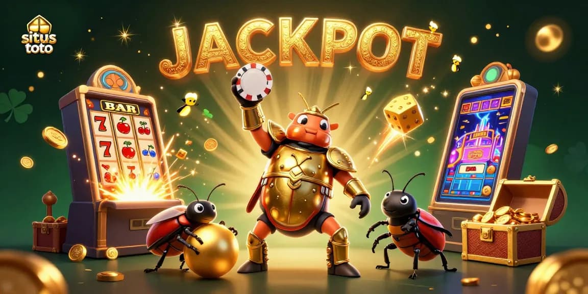 Engage with situs toto gaming as a hercules beetle celebrates victory in a vibrant casino scene.