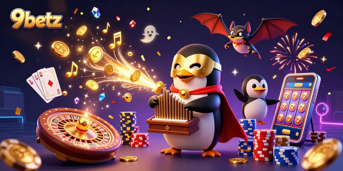 Experience the thrill of 9betz with a cartoon penguin orchestrating wins amidst cascading coins and vibrant casino elements.