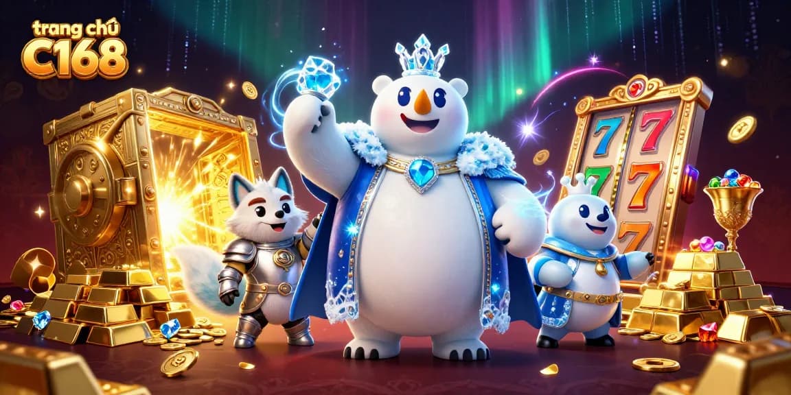 Experience the thrill of gaming at trang chủ C168, showcasing vibrant 3D characters amid a treasure-filled casino atmosphere.