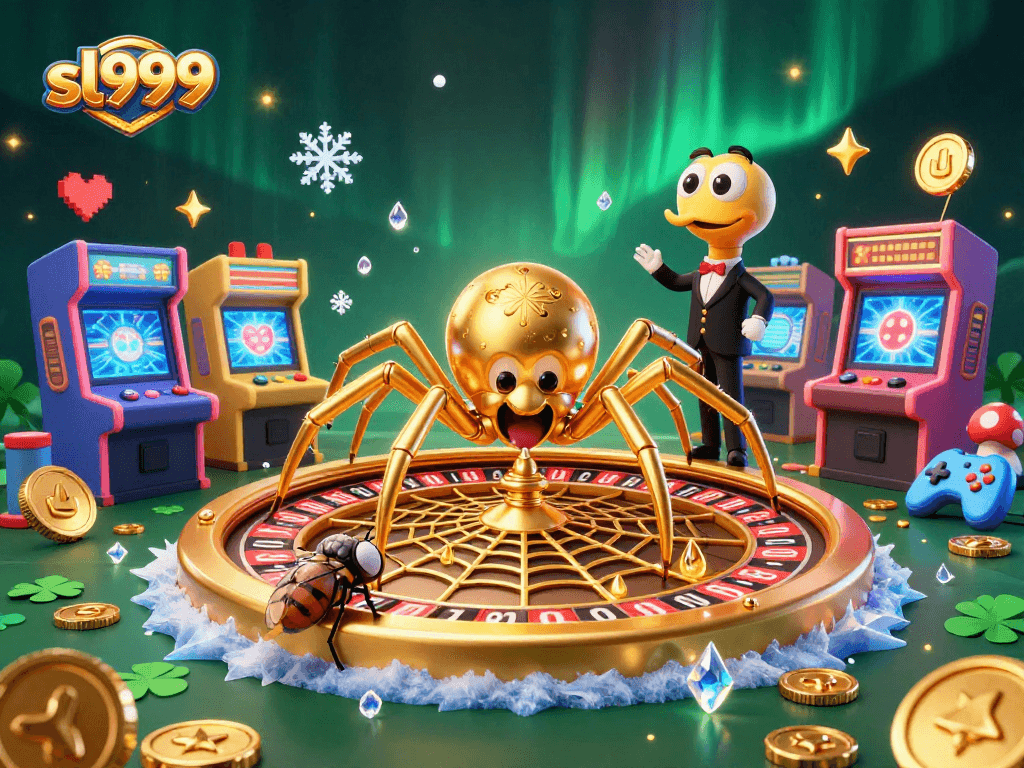 Permainan slot sl999 menampilkan laba-laba emas dan croupier sentipede di antara mesin permainan 3D yang berkilau.