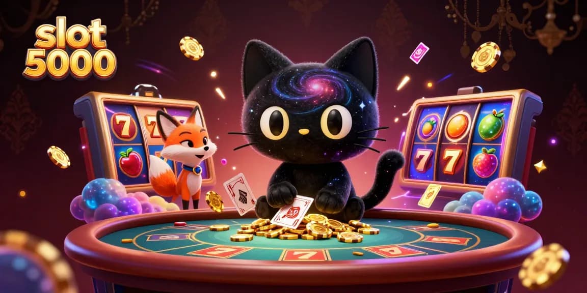 Experience the excitement of slot 5000 with vibrant characters and casino visuals in a detailed illustration.