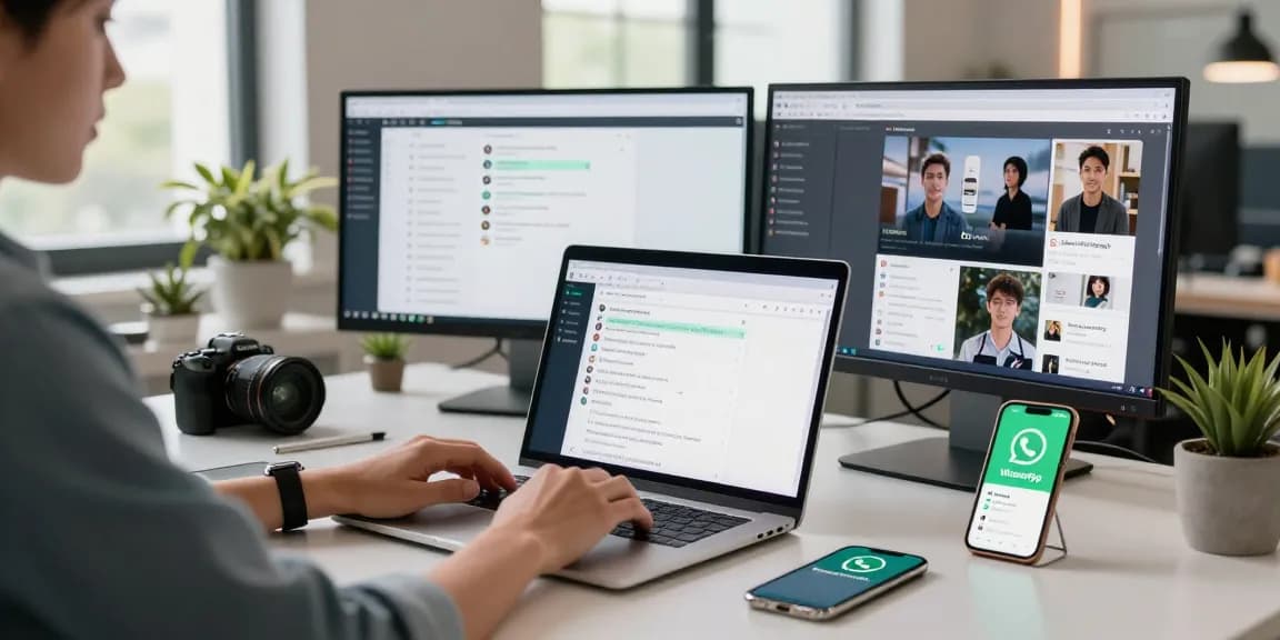 Engaged user navigating WhatsApp網頁版 on a laptop in a modern workspace, showcasing technology integration.