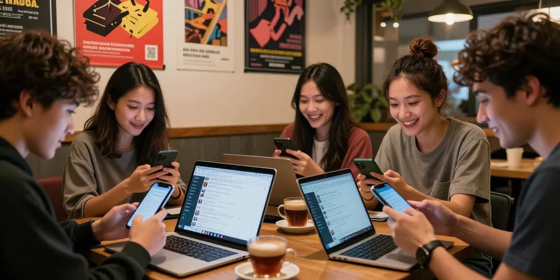 Engaging social scene of users exploring popular telegram chinese channels at a café.