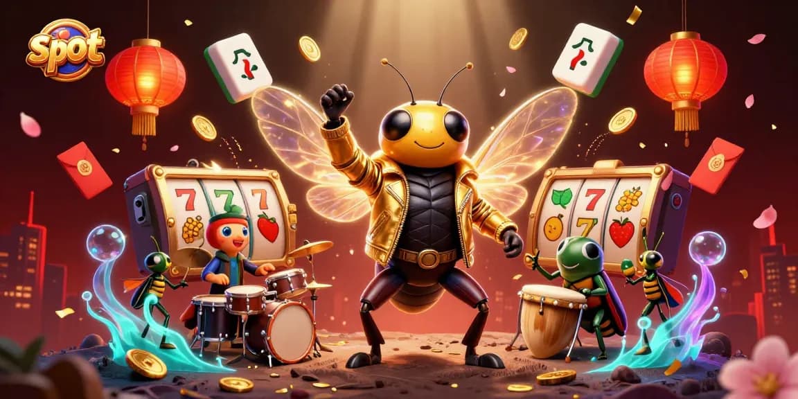 Gambar slot yang menampilkan cicada rock star dan elemen judi yang berwarna-warni.