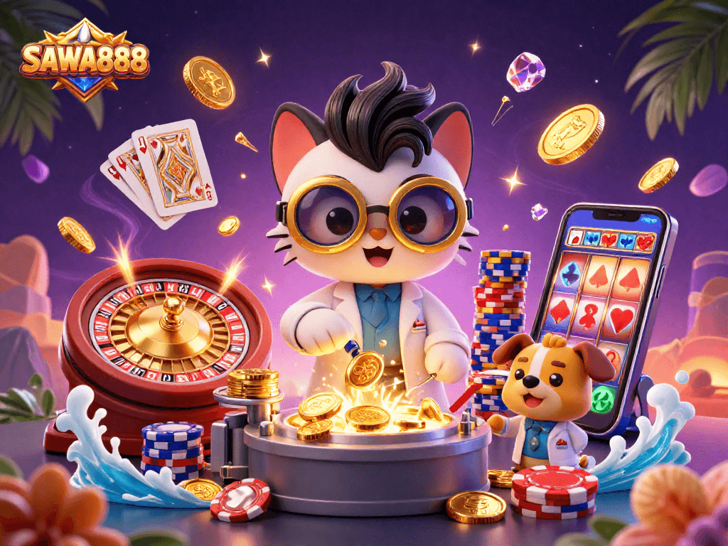 Experience exciting gameplay with SAWA888's vibrant casino action packed with golden coins and dynamic elements.