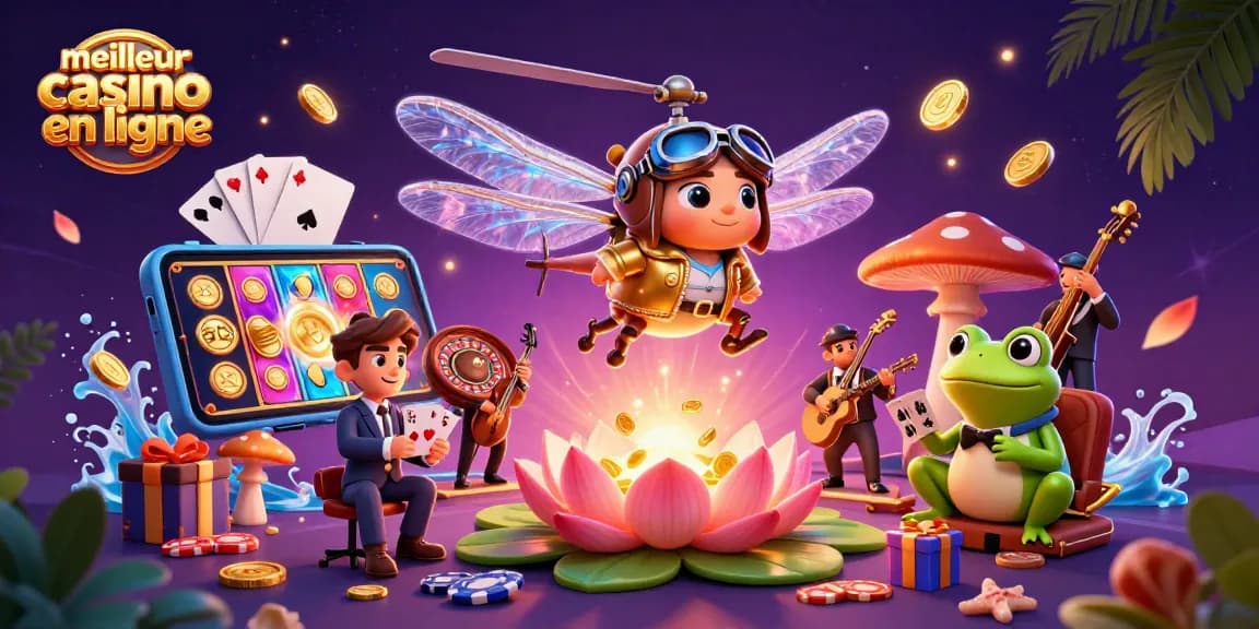 Vivez l'expérience du meilleur casino en ligne avec un pilote libellule et un croupier grenouille au jeu.