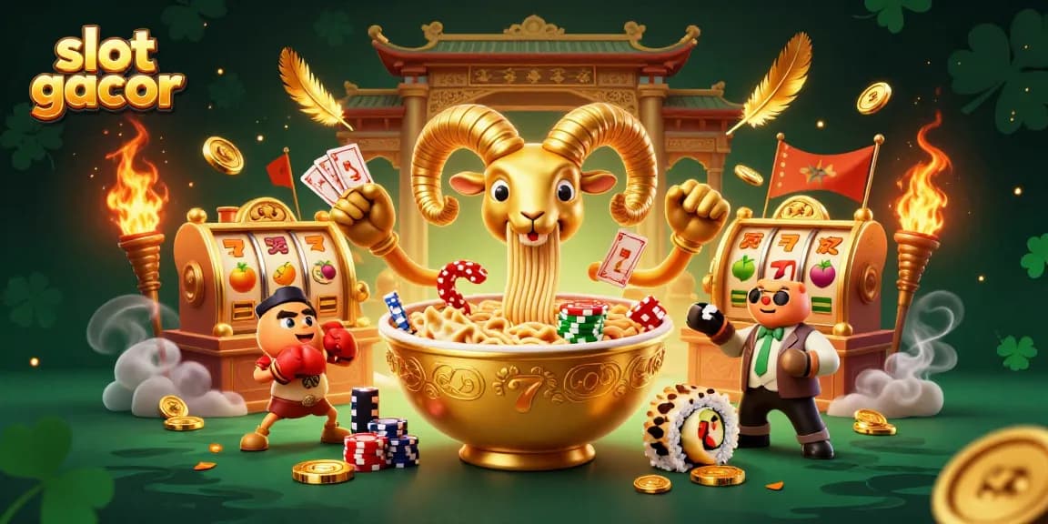 Engaging slot gacor illustration with a giant ramen bowl dealer and vibrant game elements showcasing excitement.