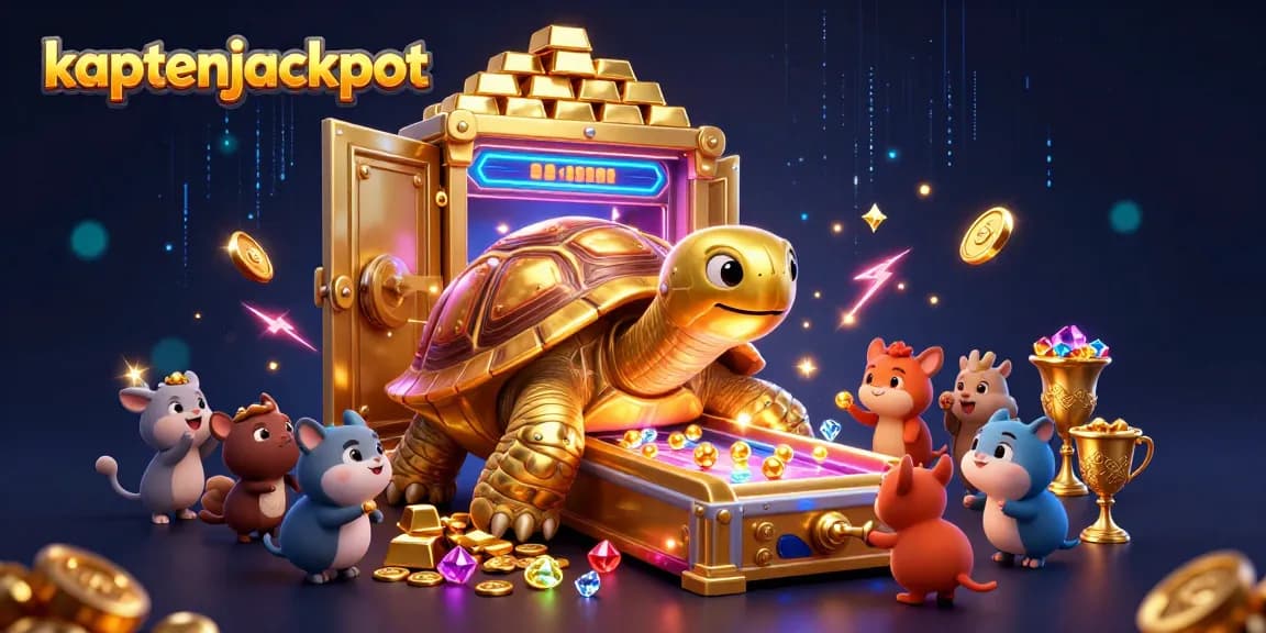 Experience the excitement of kaptenjackpot with a vibrant 3D illustration showcasing a golden tortoise pinball game amidst treasure.