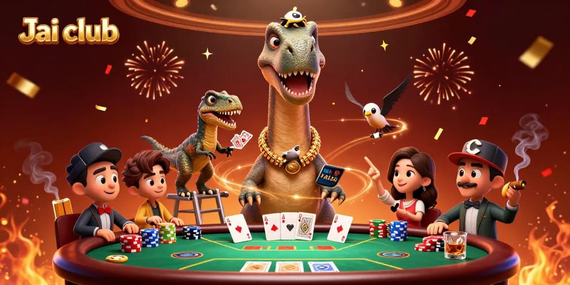 Engage in thrilling gameplay with Jai club's vibrant illustration of a dynamic 3D casino scene.