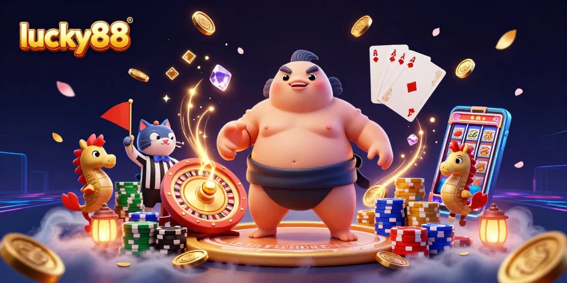 Engage with lucky88 at an underwater casino scene featuring a fugu, catfish referee, and vibrant gaming elements.