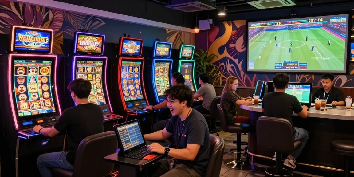 Exciting gaming lounge scene at situs raja328 with friends enjoying slots and sports betting, capturing the lively atmosphere.