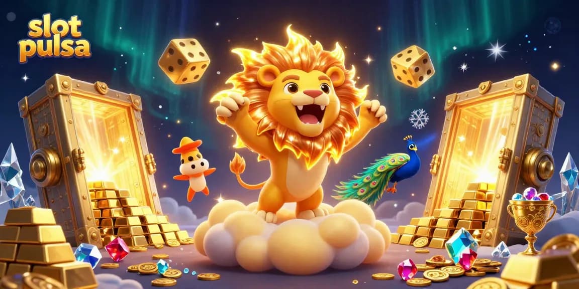 Spin the reels with slot pulsa excitement in a vibrant 3D casino scene filled with treasures.