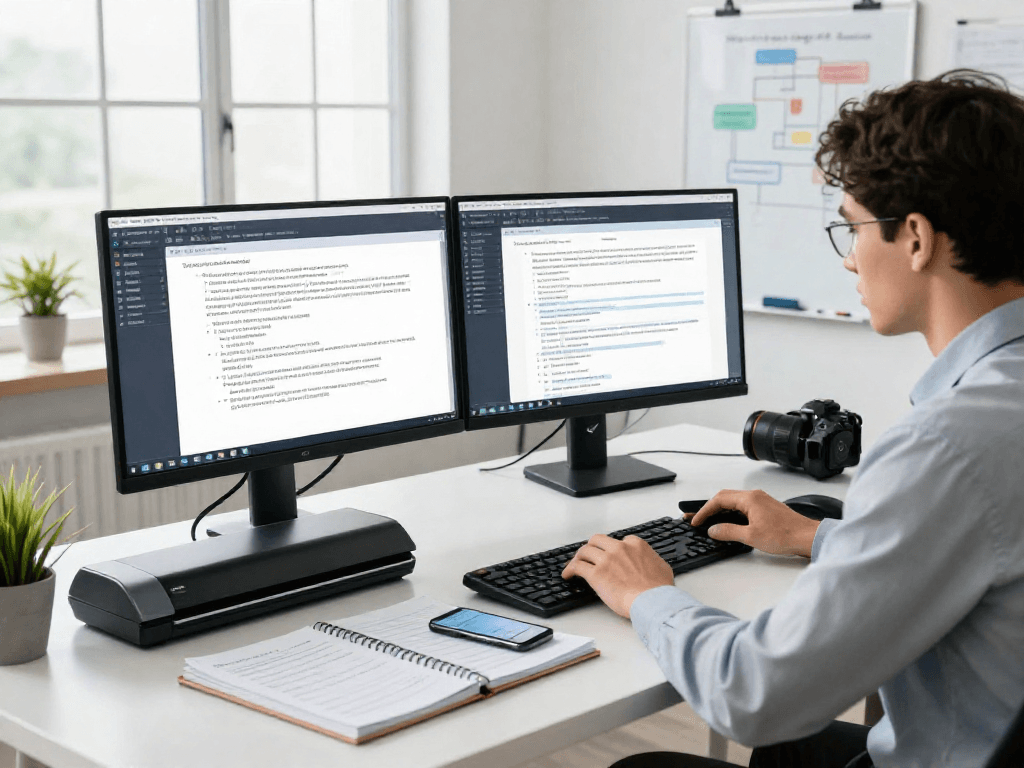 Analyst performing document fraud detection in a modern office, analyzing data on dual monitors.