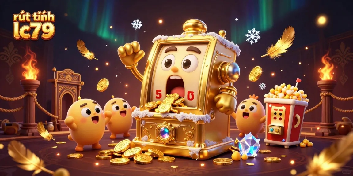 Rút tiền lc79 với slot machine vàng đang ăn mừng giọt hũ và phần thưởng lớn