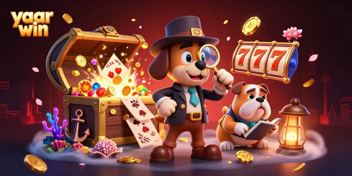 Engage in thrilling gameplay with yaar win, featuring a detective scene packed with slot machines and treasures.