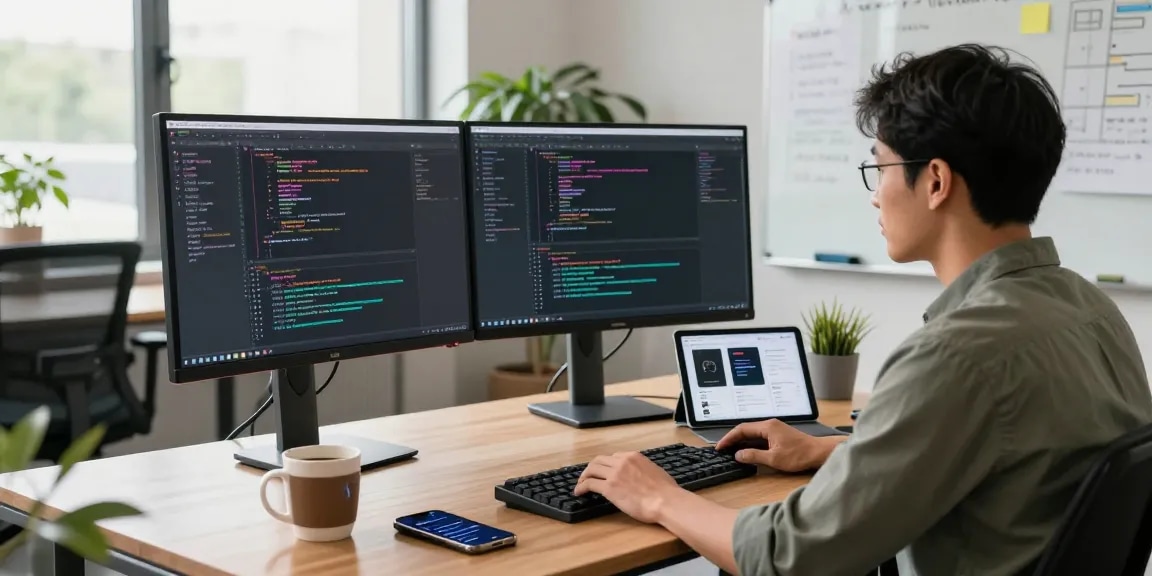 Developer coding at a modern workspace with dual monitors while focusing on 纸飞机中文版 communications.