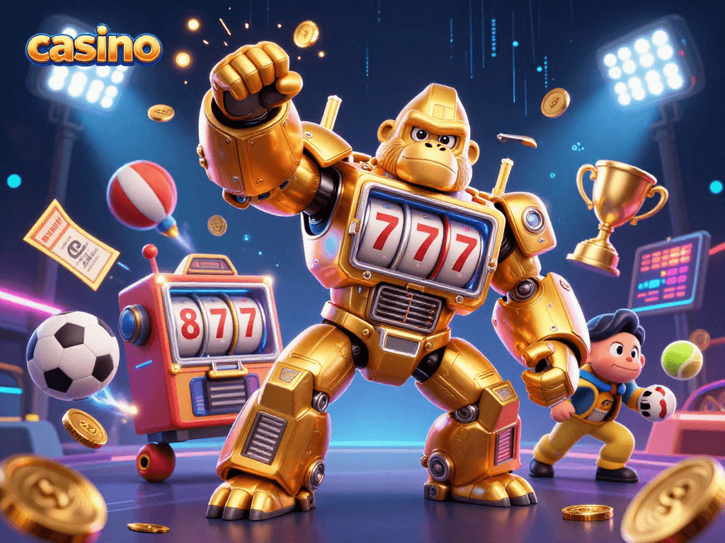 Engage with an exciting casino scene featuring a golden gorilla mech and sports elements.