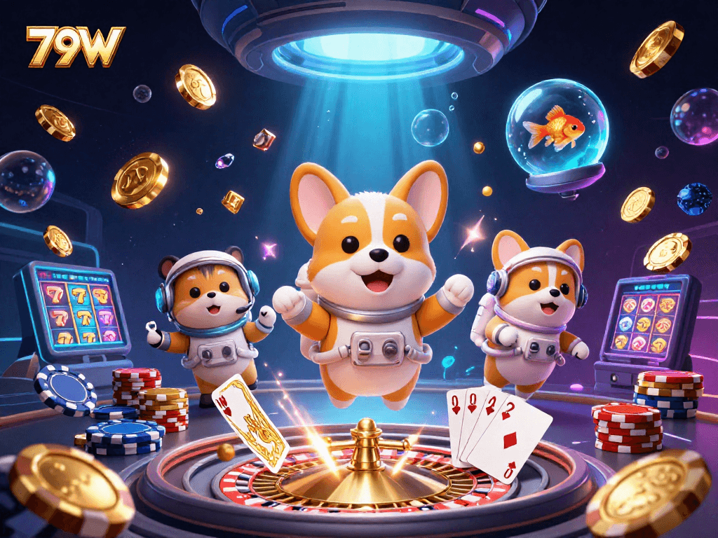 Explore jogos emocionantes no 79W com um corgi astronauta em um cassino espacial.