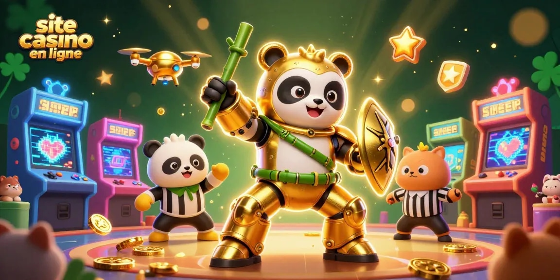 Un site casino en ligne captivant avec un panda en armure pilotant un robot stylisé dans une ambiance dynamique.