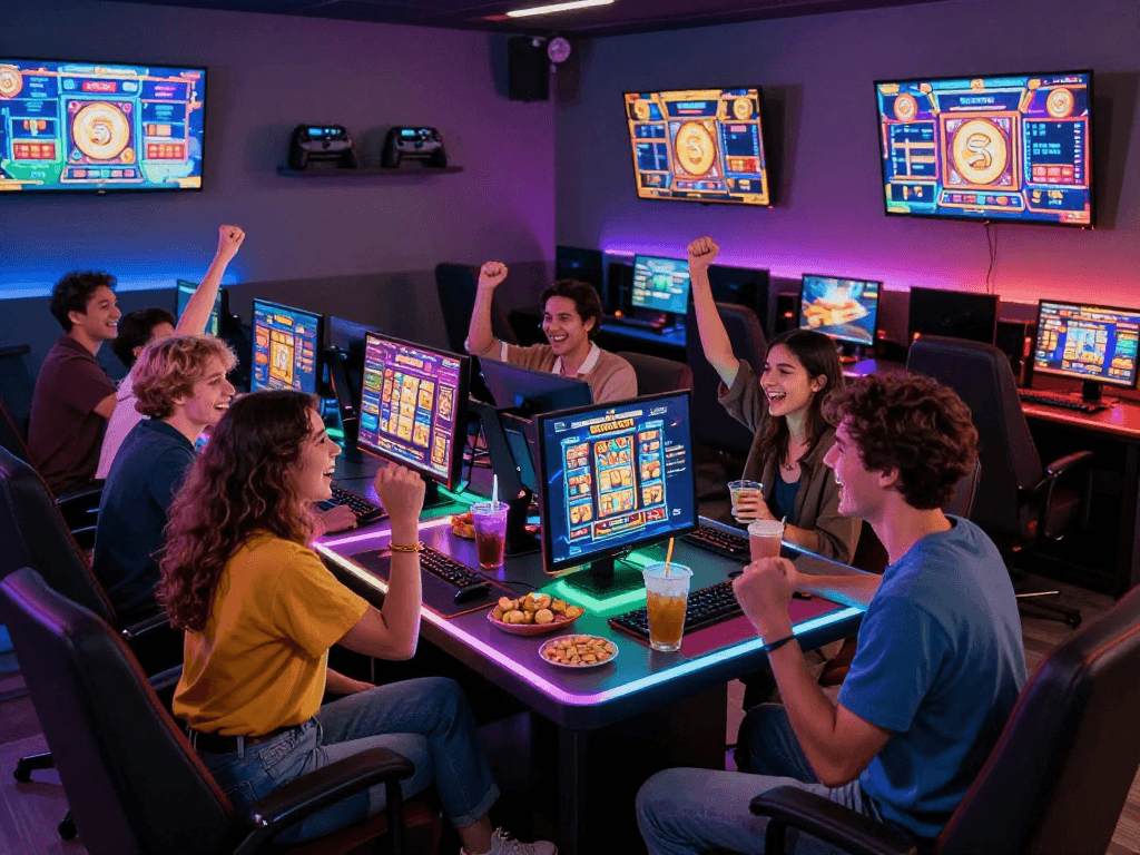 Group celebrating a win on rokok88 slot in a vibrant gaming lounge.