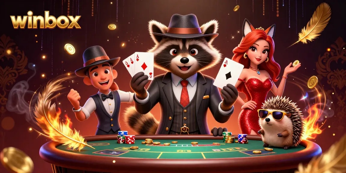 winbox features a dynamic casino scene with a raccoon, fox, and hedgehog in action.