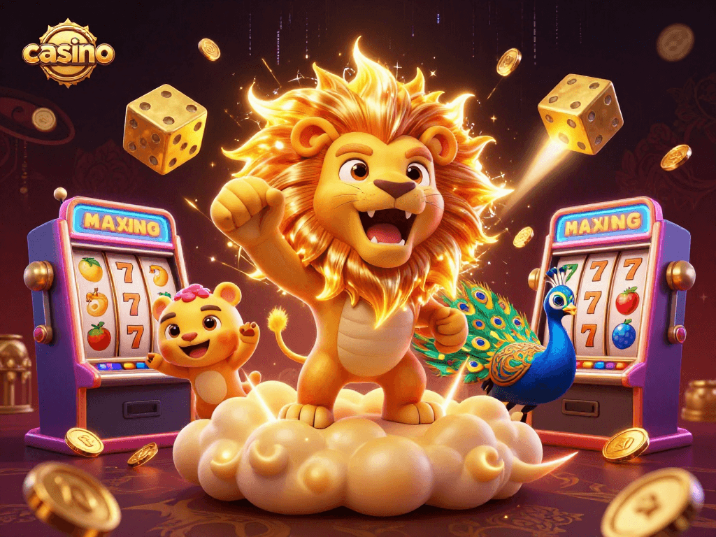 Engaging casino scene with roaring lion, dice, and slot machine symbols highlighting a vibrant atmosphere