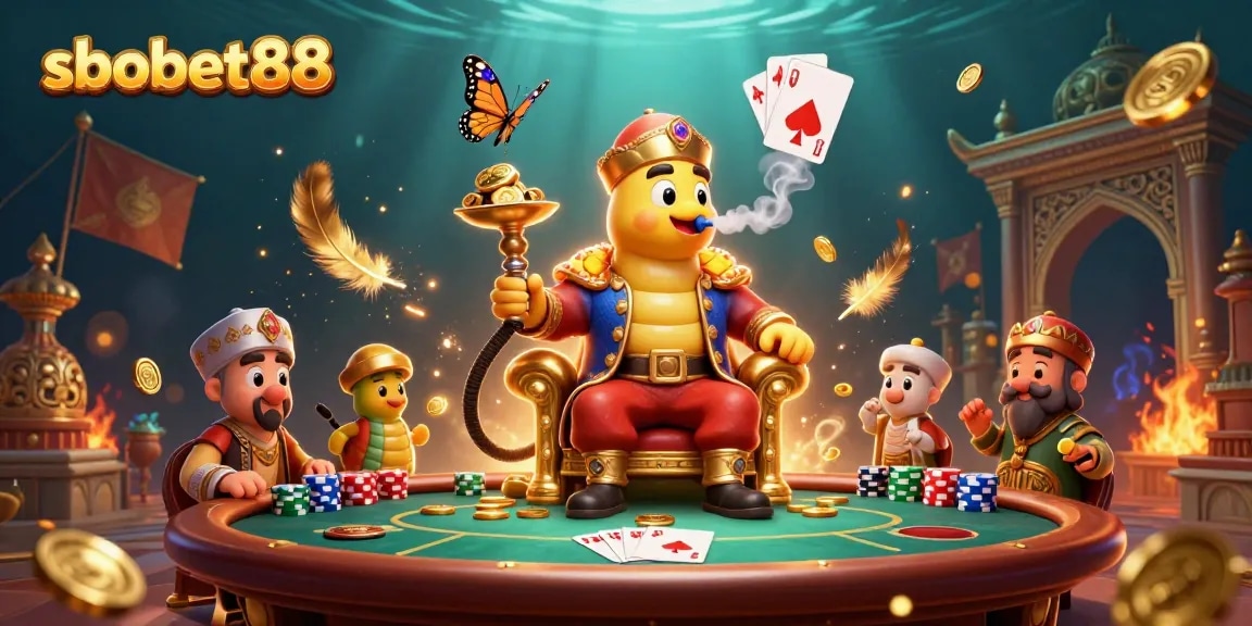 Experience sbobet88 with an energetic scene showcasing poker elements, vibrant colors, and detailed characters.
