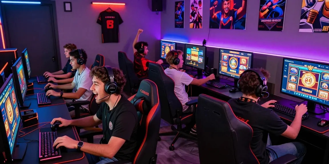 Players celebrating wins at a vibrant gaming lounge highlighting deposit pulsa tanpa potongan benefits.
